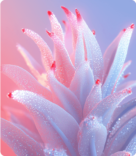 A close-up of a vibrant textured plant with glossy sparkling surfaces and a gradient background.